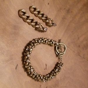 Rubbed gold and rhinestone bracelet and earring se